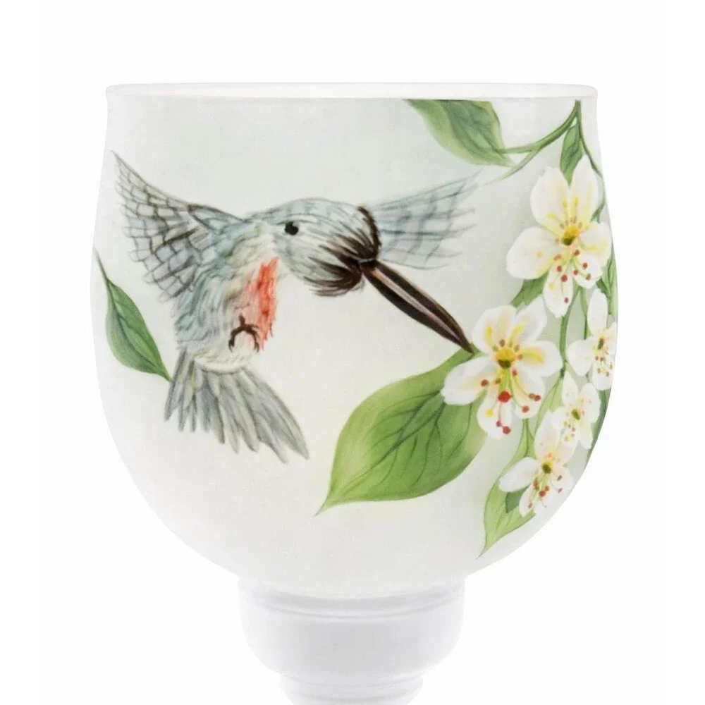Two Frosted Hand Painted Floral Hummingbird Wine Glasses/Candle Holder 12oz 8